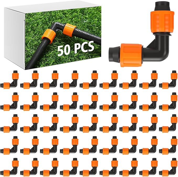 Tujoe 50 Pcs Drip Irrigation 90 Degree Elbow Fitting 5/8 Inch Universal Elbow Connector with Locking Fitting Compatible with Most 16-17 mm Garden Hose Tubing Sprinkler Systems