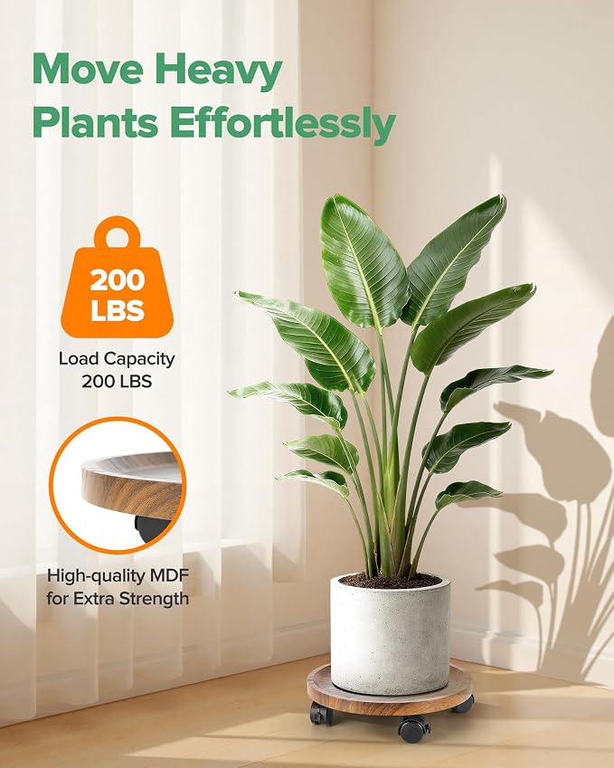 2 Pack Plant Caddy with Wheels, 12" Wood Rolling Plant Stand with 360° Lockable Wheels, Plant Stands Outdoor for Large Plants, Flower Cart Plant Dolly Plant Caster for Heavy Objects, Walnut