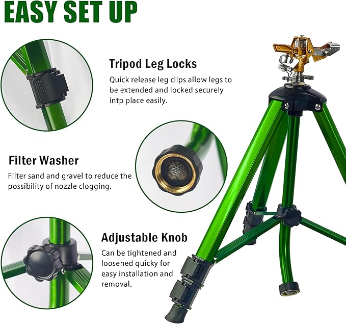 LIULO TOOL Impact Sprinkler on Tripod Base, Tripod Sprinklers with Brass Head, 360 Degree Large Area Irrigation with Extension Legs Flip Locks, Heavy Duty 3/4" Connector for Lawn Yard Garden