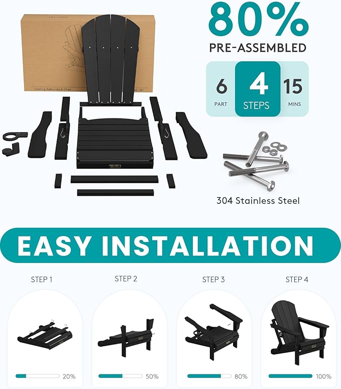 SERWALL Folding Adirondack Chair Set of 4, Weather Resistant HIPS Patio Chairs with Cup Holder for Garden Outdoors Fire Pit - Black