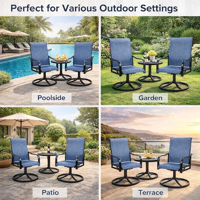 Kozyard Patio Swivel Dining Chairs Set of 2, 360 Swivel Rock Chairs Textilene High Back and Wrought Iron Frame for Poolside Backyard Deck Lawn Garden (NavyBlue, Swivel)