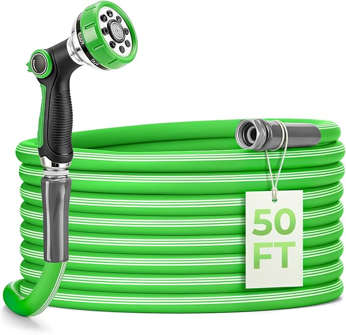 Garden Hose 50 Ft With 8-Pattern Spray Nozzle, 5/8" Lead-Free Flexible Water Hose With 3/4" Anodized Aircraft-Grade Aluminum Interface, Lightweight No-Kink Water Pipe For Lawn, Yard, Outdoor Cleaning