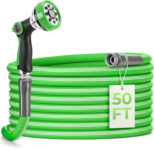 Garden Hose 50 Ft With 8-Pattern Spray Nozzle, 5/8" Lead-Free Flexible Water Hose With 3/4" Anodized Aircraft-Grade Aluminum Interface, Lightweight No-Kink Water Pipe For Lawn, Yard, Outdoor Cleaning