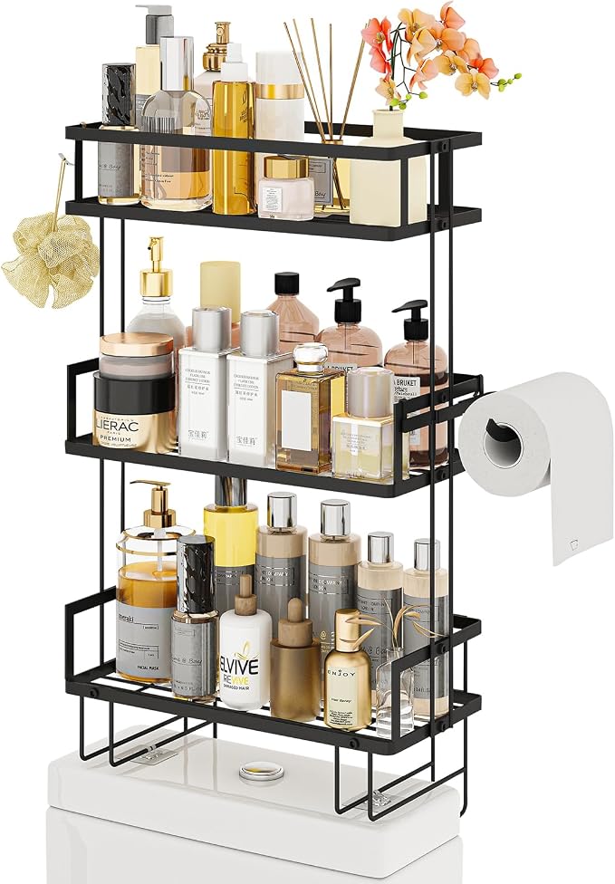 Godboat 3-Tier Over Toilet Storage Shelf, Wall-Mount with 2 Hook/Paper Rack