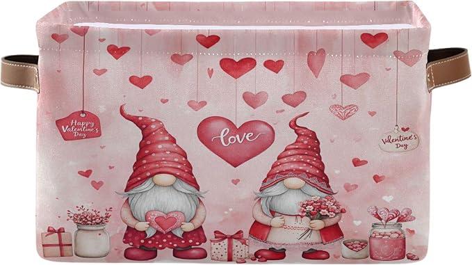 Happy Valentine’s Day Pink Storage Basket with Waterproof Liner and PU Handles Love Heart Gnomes Gift Storage Bins Boxes 14.2" Collapsible Decorative Organizer Baskets for Bedroom Closet Office 1 Pack