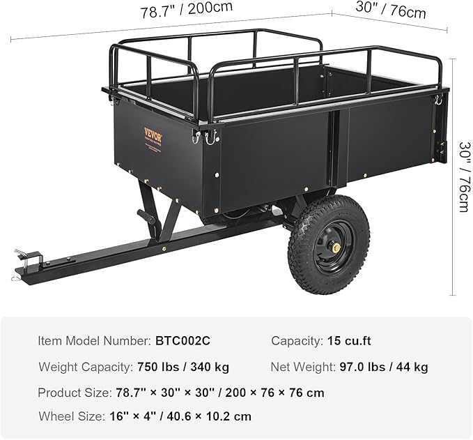 VEVOR Heavy Duty ATV Trailer Steel Dump Cart, 750 lbs 15 Cubic Feet, Garden Utility Trailer Yard Trailers with Removable Sides for Riding Lawn Mower Tractor