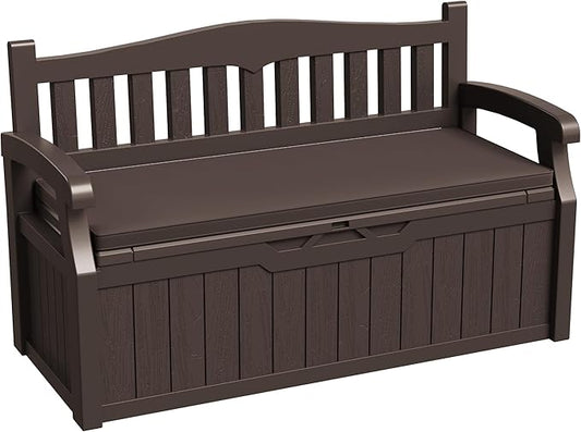 Greesum 80 Gallon Outdoor Storage Bench Deck Box with Cushion & Armrest, Lockable, Waterproof UV Resistant, Comfortable Seating for Patio, Pool, Garden, Brown