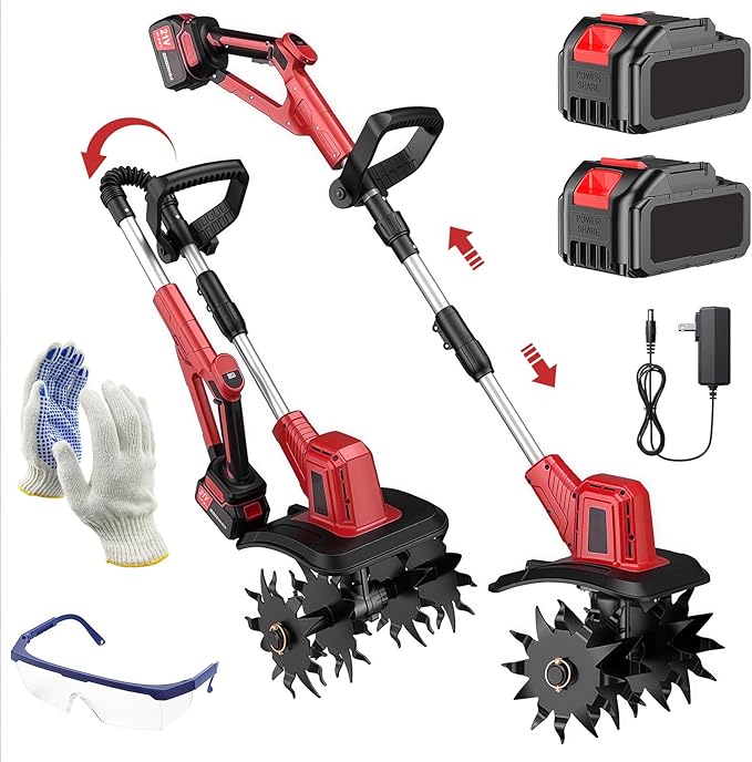 21V Cordless Tiller Cultivator, 300RPM Electric Garden Tiller, 2×4.0AH Batteries & Fast Charger Lightweight Rototiller 12" Width, 8" Depth for Lawn/Soil/Plowing/Weeding/Farm