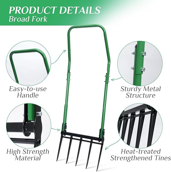 BroadFork Garden Tool, Heavy Duty 5-Tine Broad Fork Hand Tiller, Garden Pitchfork with Ergonomic U-Shaped Handle, Digging Fork for Gardening, Cultivating