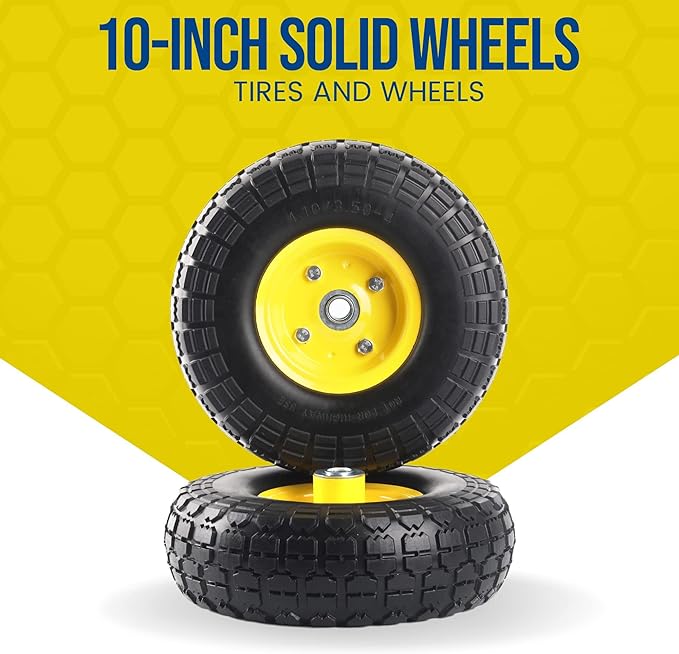 (2-Pack) 10-Inch Solid Tire Wheels - Replacement 4.10/3.50-4" Flat Free Tires and Wheels with 5/8" Axle Bore Hole Bearings, 2.17" Offset Hub -Perfect for Hand Truck, Wheelbarrow, Gorilla Carts