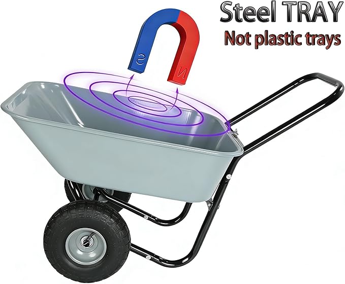 Heavy-Duty Two-Wheeled Garden Barrow with 10-Inch Pneumatic Wheels, 35L Large Capacity Leakproof Wheelbarrow for Farm, Lawn & Warehouse Use (Gray)