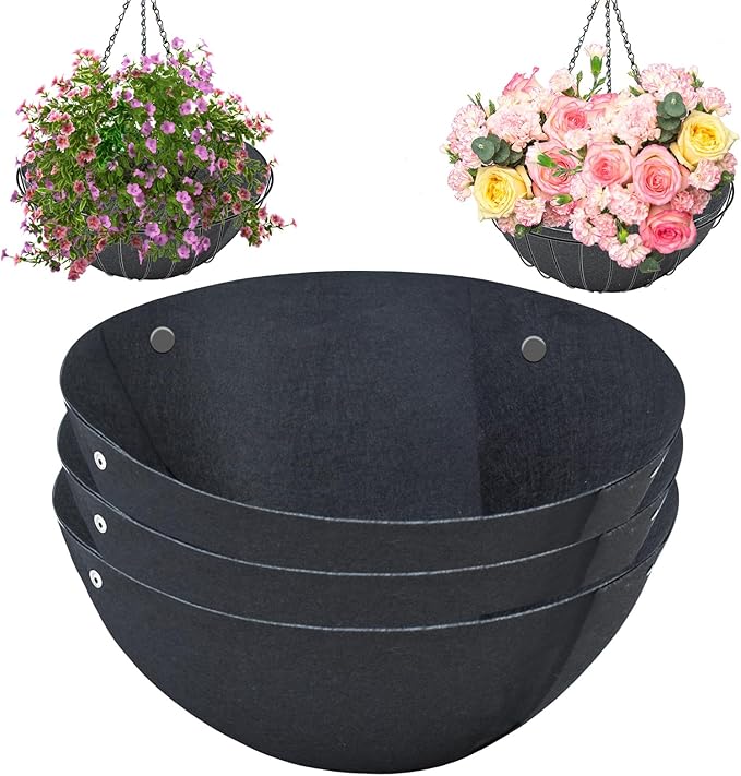 3PCS 14 Inch Round Hanging Basket Liners Fabric Hanging Plant Liners Non-Woven Planter Liners Black Felt Liners Replacement Inserts for Hanging Baskets Outdoor Plants - Avoid Bird Nesting