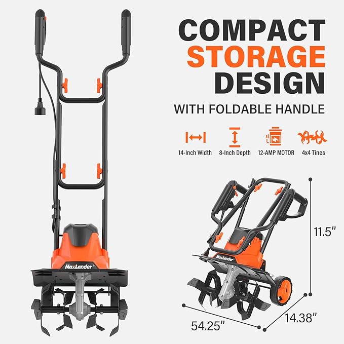 MAXLANDER Electric Garden Tiller Cultivator, 14 Inch 12 Amp Corded Tiller for Gardening with Foldable Handle, 4 Steel Tines, Garden Rototiller with Wheels for Lawn Yard Soil Cultivation