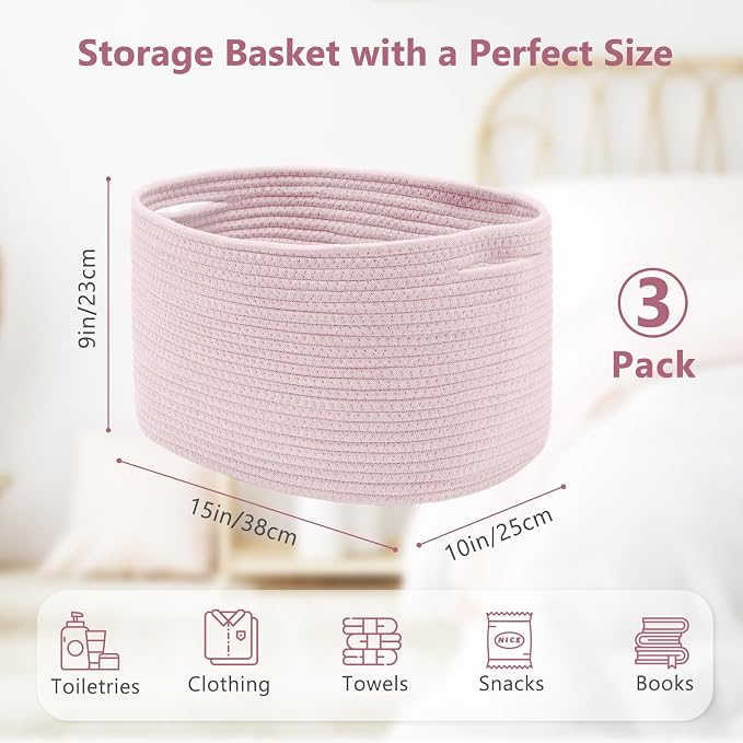 ECDYQXVU 15x10x9 Inch Woven Cotton Rope Storage Basket, 3 Pack | Foldable Design, Built-in Handles, Space-saving Organizer for Living Room, Bedroom, Laundry, Shelves, Clothes, Towels