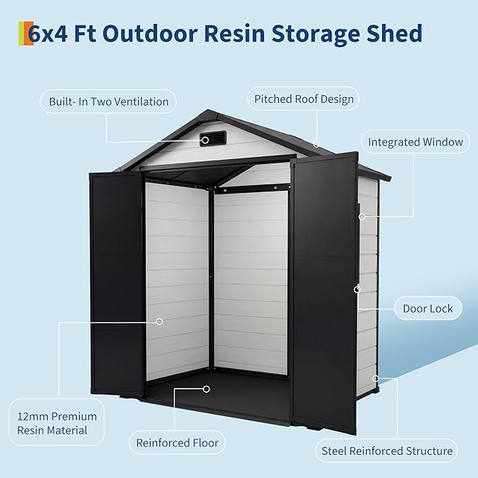 Outdoor Storage Shed with Floor, Plastic Resin Garden Shed with Window & Sloping Roof & Lockable Door for Patio Backyard Garden, Lawn Mower, Bike, Tool Storage (Grayish White + Black, 6' x 4')