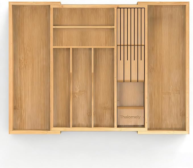 Bamboo Silverware Drawer Organizer, 6-8 Slots Kitchen Drawer Tray