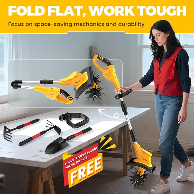 Cordless Electric Garden Tiller Cultivator Compatible with Dewalt 20V Battery(Tool Only), Folding Electric Rototiller Features 40 Steel Tines 310RPM, Yellow