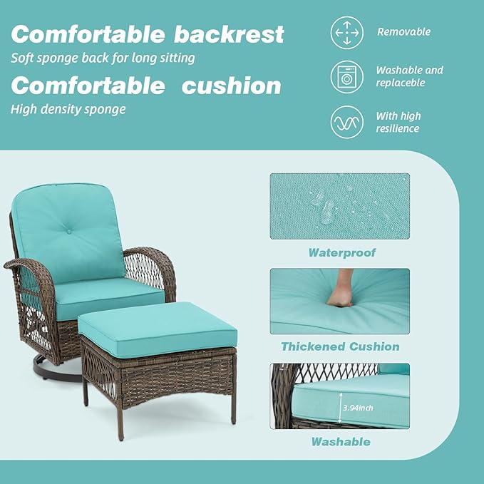 MELLCOM 5 Pieces Patio Furniture Set, Outdoor Swivel Rocker Patio Chairs with Ottomans, Wicker Conversation Set with Rocking Chairs, Glass Coffee Table for Backyard, Peacock Blue