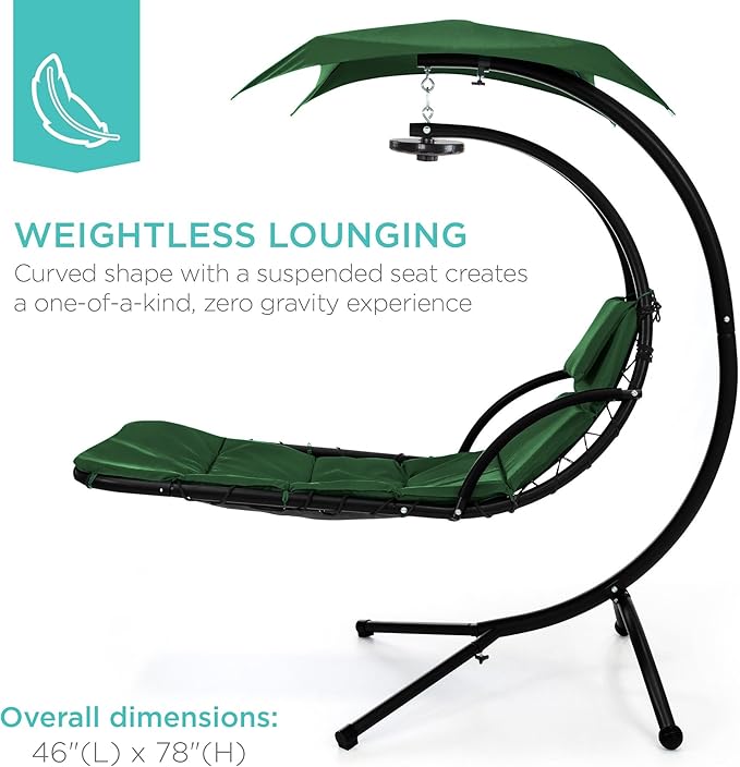 Best Choice Products Hanging LED-Lit Curved Chaise Lounge Chair Swing for Backyard, Patio, Lawn w/ 3 Light Settings, Weather-Resistant Pillow, Removable Canopy Shade, Steel Stand - Green