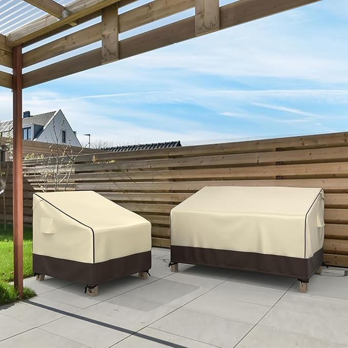 MR. COVER Patio Chair Covers Waterproof, Outdoor Furniture Covers for Rocking Chair, Heavy Duty Anti UV Chair Cover, Fits up to 35"W x 40"D x 35"H, Air Vent and Handles Included, Brown & Khaki, 2 Pack