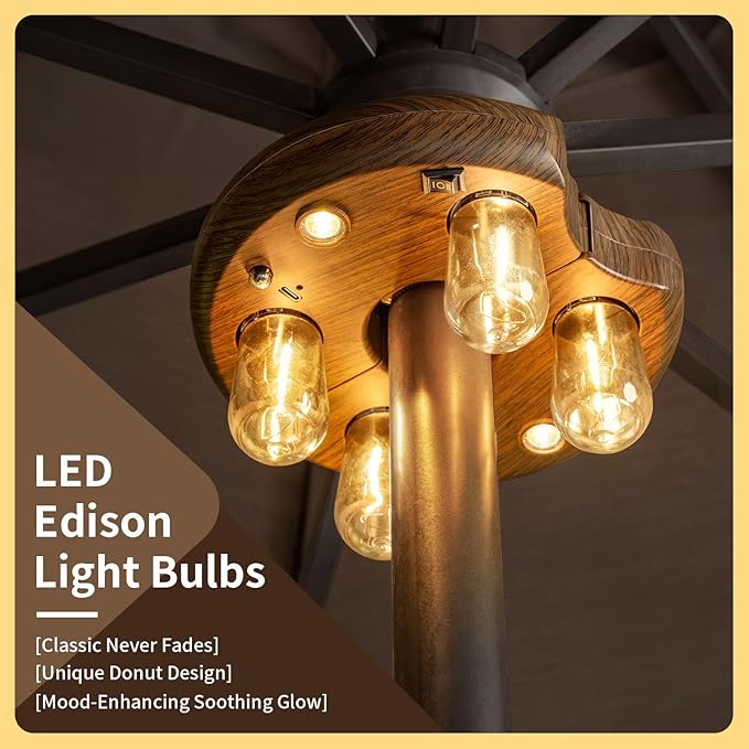 Dark Wood Grain Patio Umbrella Light with Remote Control, Rechargeable Cordless LED Edison Bulbs Pole Light with 10 Brightness Levels for Garden, Patio, Backyard, Camping or BBQ (2 Pack)