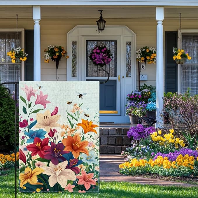 Spring Lily Colorful Floral Garden Flag 12x18 Inch Double Sided Welcome Summer Bee Flower Yard Outdoor Flag House Holiday Outside Decoration