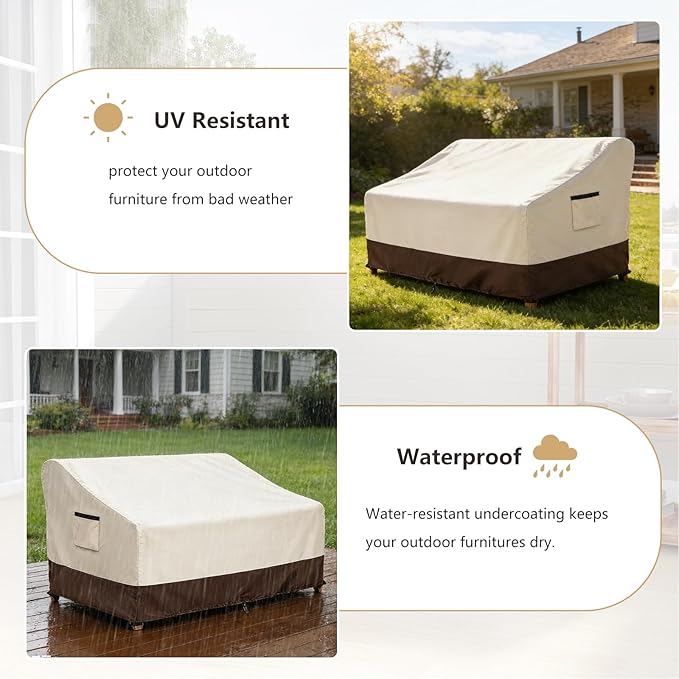 3-Seater Patio Sofa Cover, 600D Heavy Duty Waterproof Outdoor Sofa Covers, 76 W x 32.5 D x 33 H Inches Outdoor Couch Cover, Patio Furniture Covers, Lvory&Brown