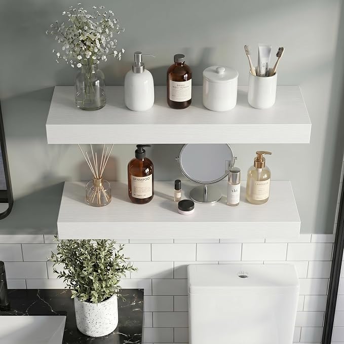 Vivelove 12 Inch Floating Shelves Wall Mounted for Display, 6.5 Deep Duty Shelves with Invisible Brackets for Living Room,Bedroom,Kitchen, Bathroom Storage & Decor,12" Wx6.5 Dx1.4 H - White