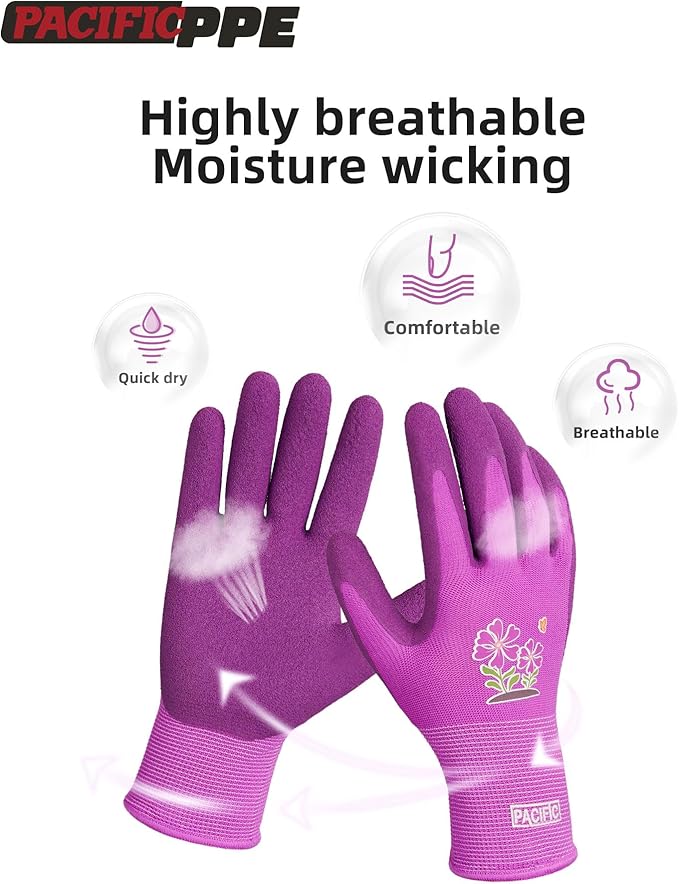 PACIFIC PPE 6 Pairs Gardening Gloves for women and Ladies, Rubber Coated Garden Gloves, Outdoor Protective Work Gloves, Medium Size fits Most, Purple & Red