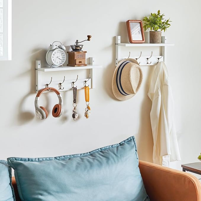 YMYNY Coat Rack Wall Mount with Shelf and Hooks, White UHWS001W-2