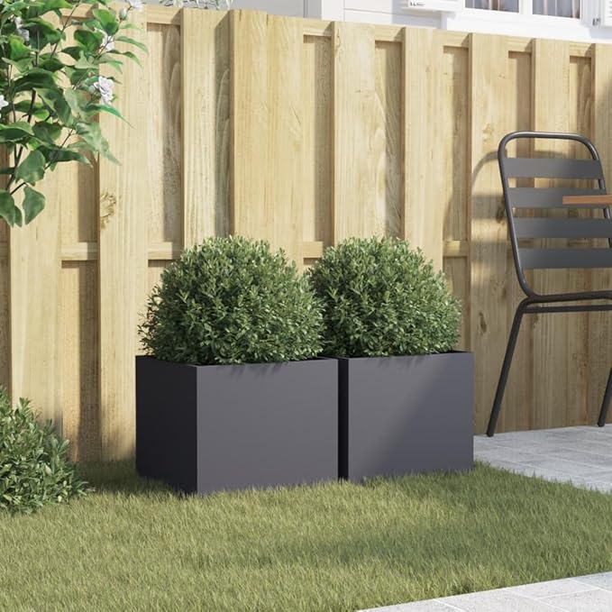 Anthracite Steel Outdoor Planter Set of 2 with Decorative Inlays, Cold-Rolled Metal Planters for Balcony Patio Garden, Durable Industrial Design for Plants and Flowers