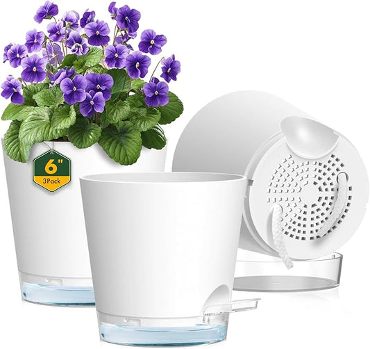 Meowell 6 inch Self Watering Pots for Indoor Outdoor Plants, 3 Pack Flower Plant Pots with Drainage Holes and Clear Reservoirs, Visible Water Level, Plastic Planters with Wicking Rope, White