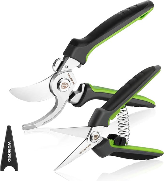 WORKPRO Garden Pruning Shears 2 Pack, 8.25" Bypass Pruning Shears and 6.25" Straight Garden Flower cissors, Garden Clippers Hand Tools for Cutting Flowers, Trimming Plants, Picking Fruits