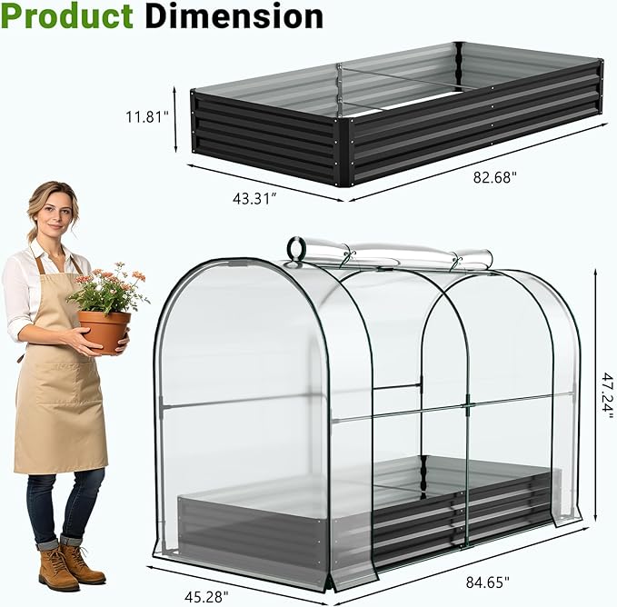 DoCred Galvanized Raised Garden Bed with PVC Cover, 84.6" x 45.3" x 47.2" Metal Planter Bottomless Box w/ Roll-Up Window, Mini Greenhouse Tent for Outdoor Growing Vegetables Flower Fruit