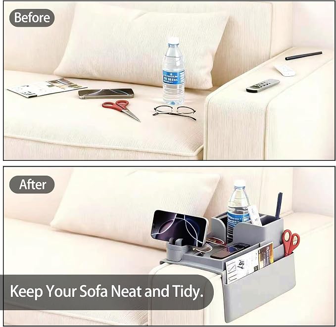 Couch Arm Cup Holder - Silicone Sofa Armrest Tray with 5 Side Pockets, Anti-Slip Armrest Recliner Armchair Caddy, Sofa Table Organizer for Drinks Tablet Remote Snacks Cellphone Cup (Grey)