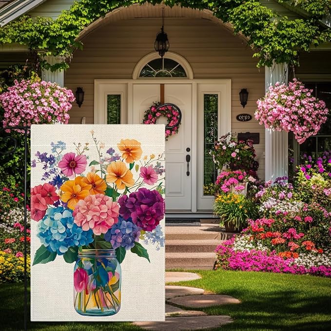 Spring Summer Colorful Floral Mason Jar Garden Flag 12x18 Inch Double Sided Hydrangea Flower Yard Outdoor Flag House Holiday Outside Decoration