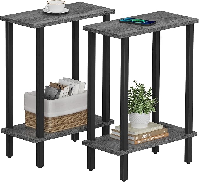 TUTOTAK Narrow Side Table Set of 2, Small End Table for Couch | 2-Tier Skinny Sofa Table, Slim Nightstand, Easy Assembly for Living Room, Bedroom, Grey TB01BY0622