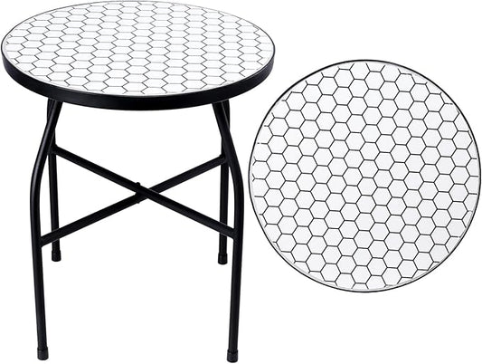 VCUTEKA Mosaic Outdoor Side Table - Small Patio Table Coffee Outside Accent Tables Round End Plant Tables for Bistro Balcony Porch Outdoor Benches 14'' White
