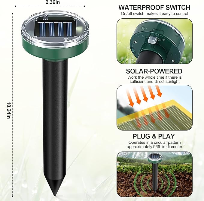 8 Pack Snake Repellent, Mole Repellent Solar Powered Ultrasonic, Gopher Repeller Sonic Mole Deterrent Spikes, Snake Gopher Vole Repellent Outdoor for Lawn Garden & Yard-Green
