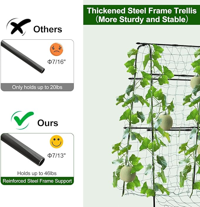 FOLLOOK Cucumber Trellis for Raised Bed, 5x5ft Metal Garden Trellis Climbing Plants Outdoor Tomato Plant Support Grape Vegetables Squash Bean Pea Cucumber Trellis, with Netting, Black