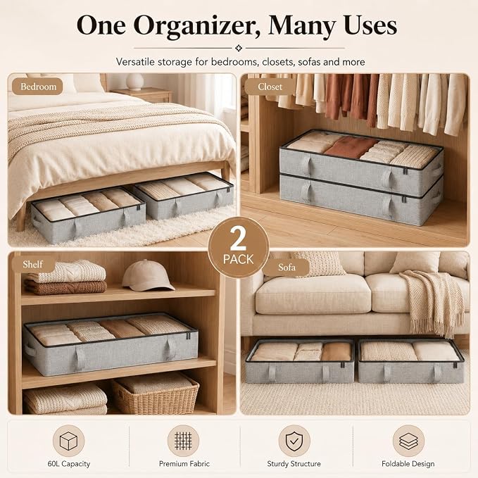 Side-Supported Under Bed Storage Containers, 6 Inch 60L Clothes Storage Bin | Underbed Storage Bin with Sturdy Handles and Sidewalls, Closet Organizer for Clothes, Seasonal Items, Speckled Grey, 2 Pack