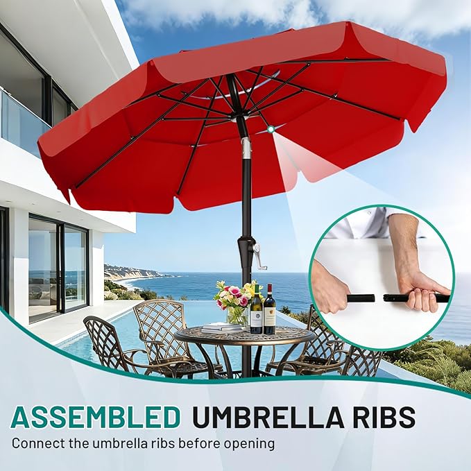 AreShark 10FT 3-Tiers Patio Umbrella with Valance, Outdoor Umbrellas with Crank/Tilt, Table Market Umbrella Vented w/ 8 Sturdy Ribs for Garden, Deck, Backyard, and Pool, Red