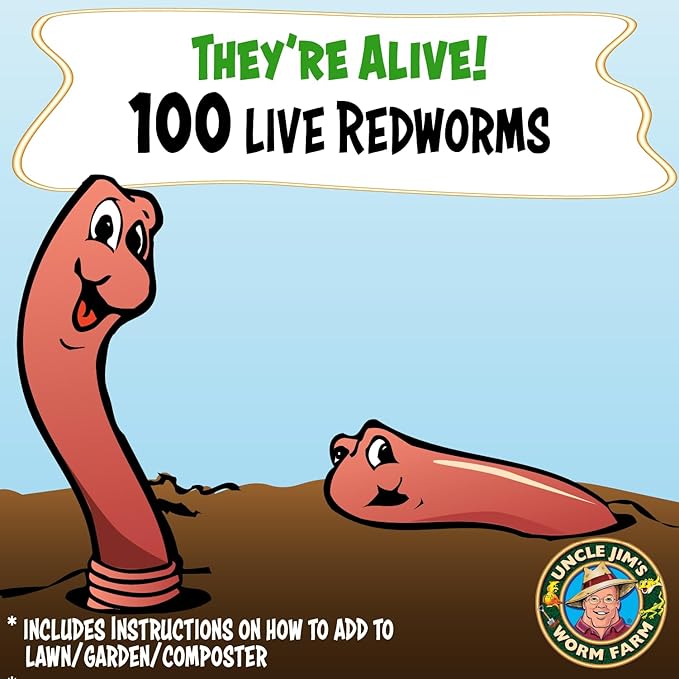 Uncle Jim's Worm Farm 100 Count Red Wiggler Composting Worms Mix for Garden Soil or Fishing | Starter Pack of Compost Worms Improves Soil Structure and Quality for Healthier Gardens