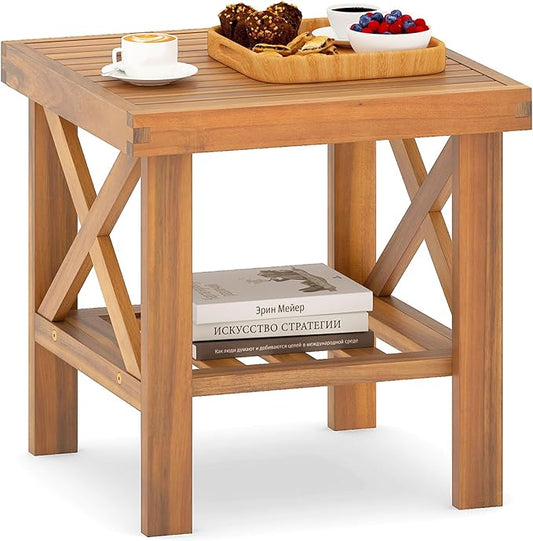Tangkula Outdoor Side Table, 2-Tier Acacia Wood Adirondack Bistro Table with Slatted Tabletop & Storage Shelf, Small Square Patio Table for Yard, Deck, Garden, Poolside (1)
