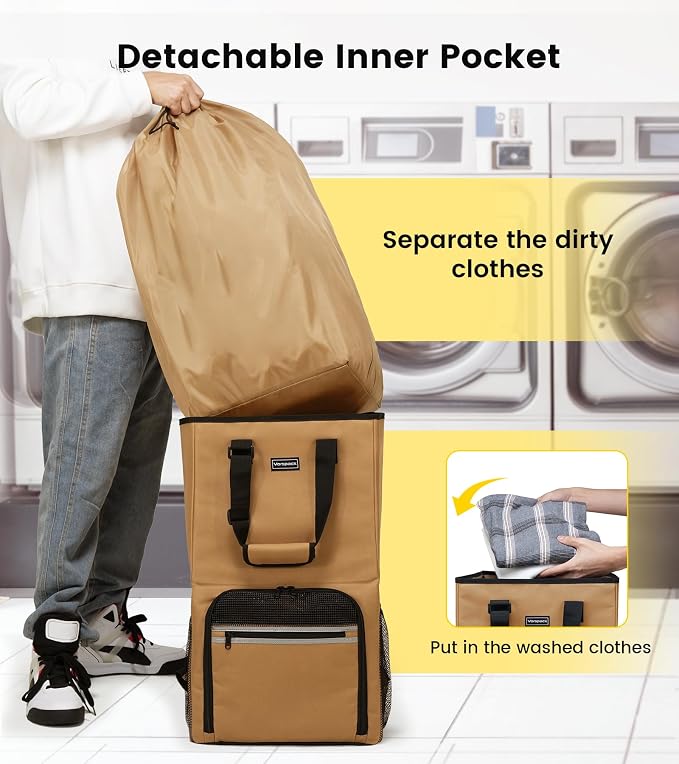 Vorspack Laundry Backpack with Shoulder Straps, Extra Large Hamper, Kahki | Heavy Duty 2 in 1 Laundry Basket, Structured Square Base, Portable Hamper for College Dorm Camp Laundromat Apartment Travel