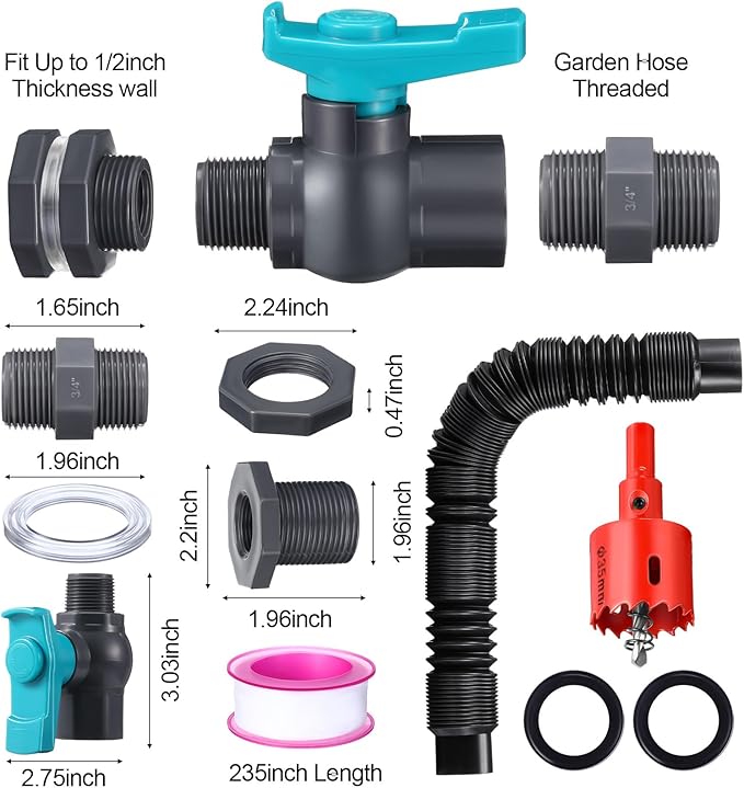 2 Sets 3/4 Inches Rain Barrel Spigot Kit Water Barrel PVC Garden Diverter Kit Include Bulkhead Fitting Hose Faucet Adapter and Thread Seal Tape for Home Outdoor(Simple Style)