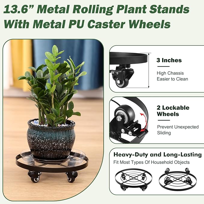 Planterhoma 1 Packs Large Metal Plant Caddy 13.6 Inch Plant Dolly with Wheels Heavy-duty Iron Rolling Plant Stand with Casters for Indoor Outdoor Flower Pot Mover Roller Coasters, Black