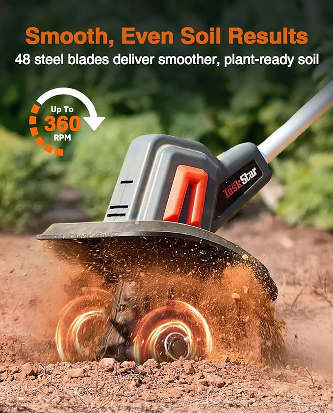 Cordless Tiller Cultivator for Gardening, 360 RPM Electric Garden Rototiller with 48 Steel Tines, 9 Inch Tilling Width & 7 Inch Depth, 21V Battery Powered Small Tiller for Soil/Cultivating/Lawn/Garden