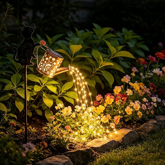 Outdoor Solar Cat Garden Decorative, 2 Pcs Solar Watering Can with Light, Featuring Metal Cat Silhouette Stake, Day Gift for Women, Outdoor Waterproof,for Landscape,Lawn, Garden Path Decor