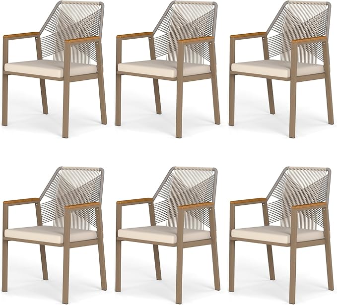 Aluminum Outdoor Patio Dining Chairs - Imitation Rope Vine Chair Ergonomic Backrest Design Detachable Seat Cushion Soft and Breathable Garden Porch Light Brown Set of 6